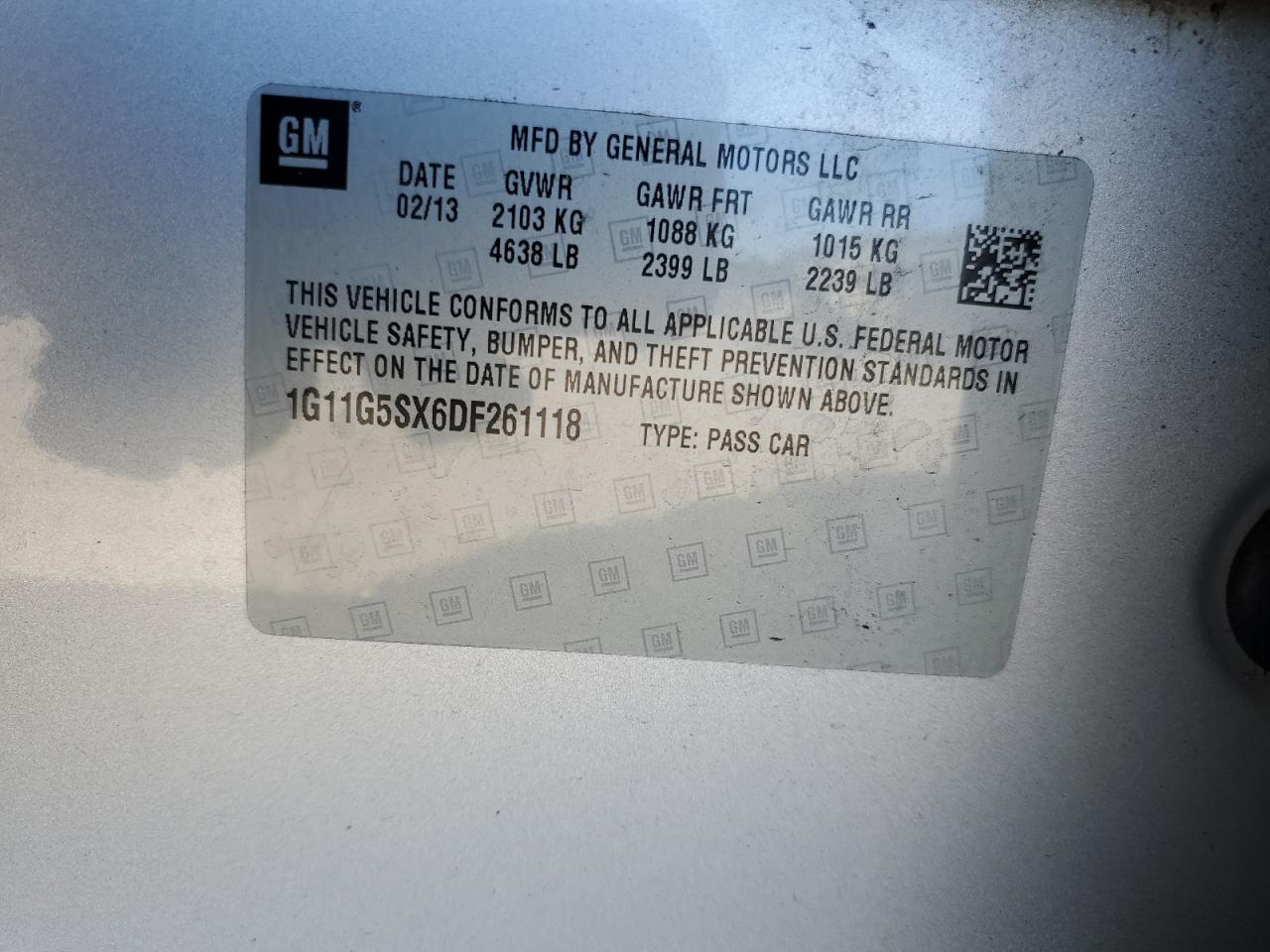 2013 Chevrolet Malibu VIN 1G11G5SX6DF261118 Copart auction photo, front end damage thumbnail 14