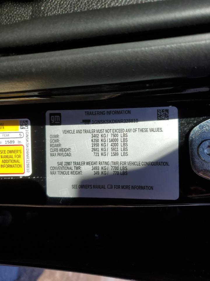 2022 Chevrolet Tahoe VIN 1GNSKSKD6NR328810 Copart auction photo, side / minor dent/scratches damage thumbnail 15