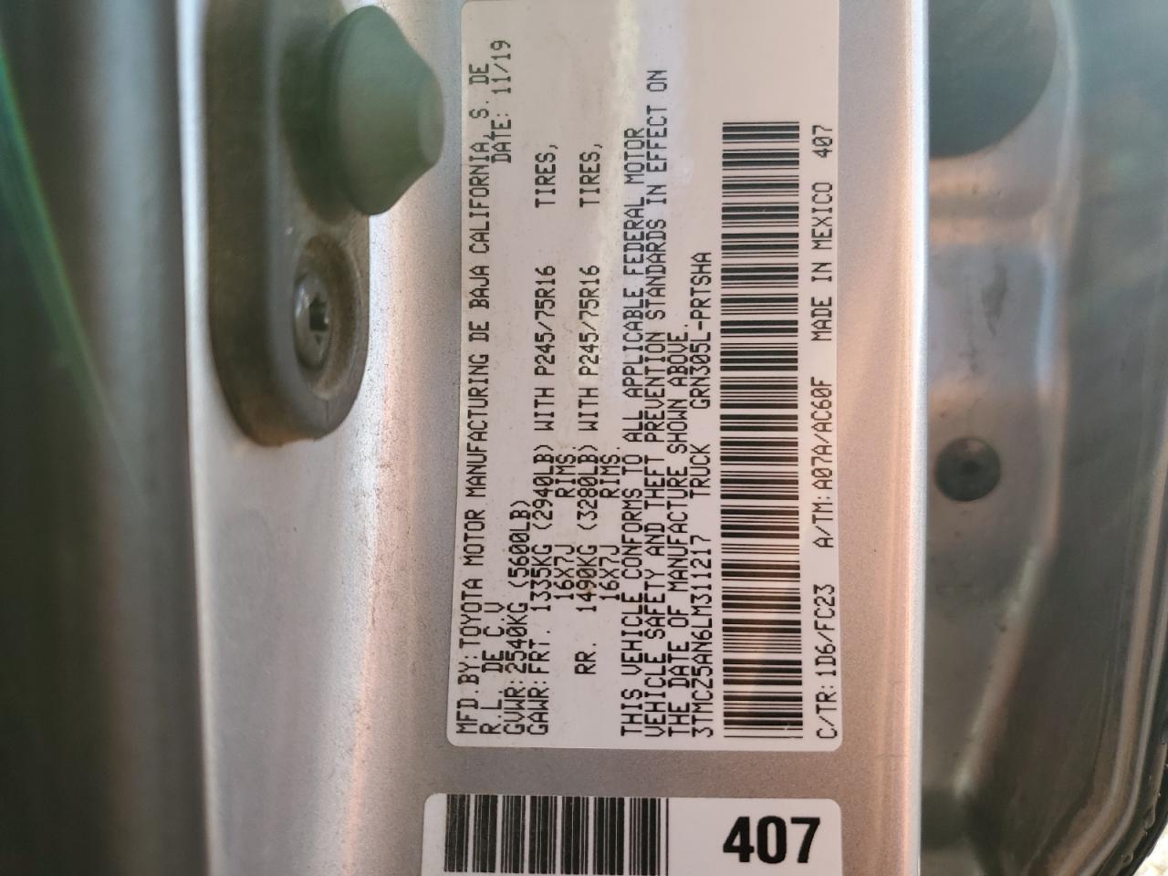 2020 Toyota Tacoma VIN 3TMCZ5AN6LM311217 Copart auction photo, rear end damage thumbnail 12