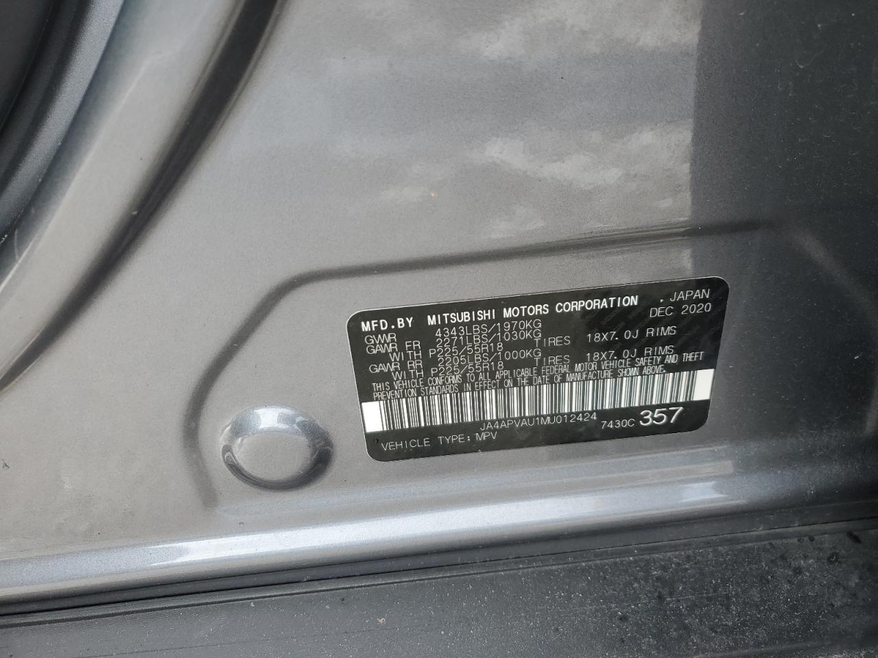 2021 Mitsubishi Outlander VIN JA4APVAU1MU012424 Copart auction photo, front end / side damage thumbnail 13