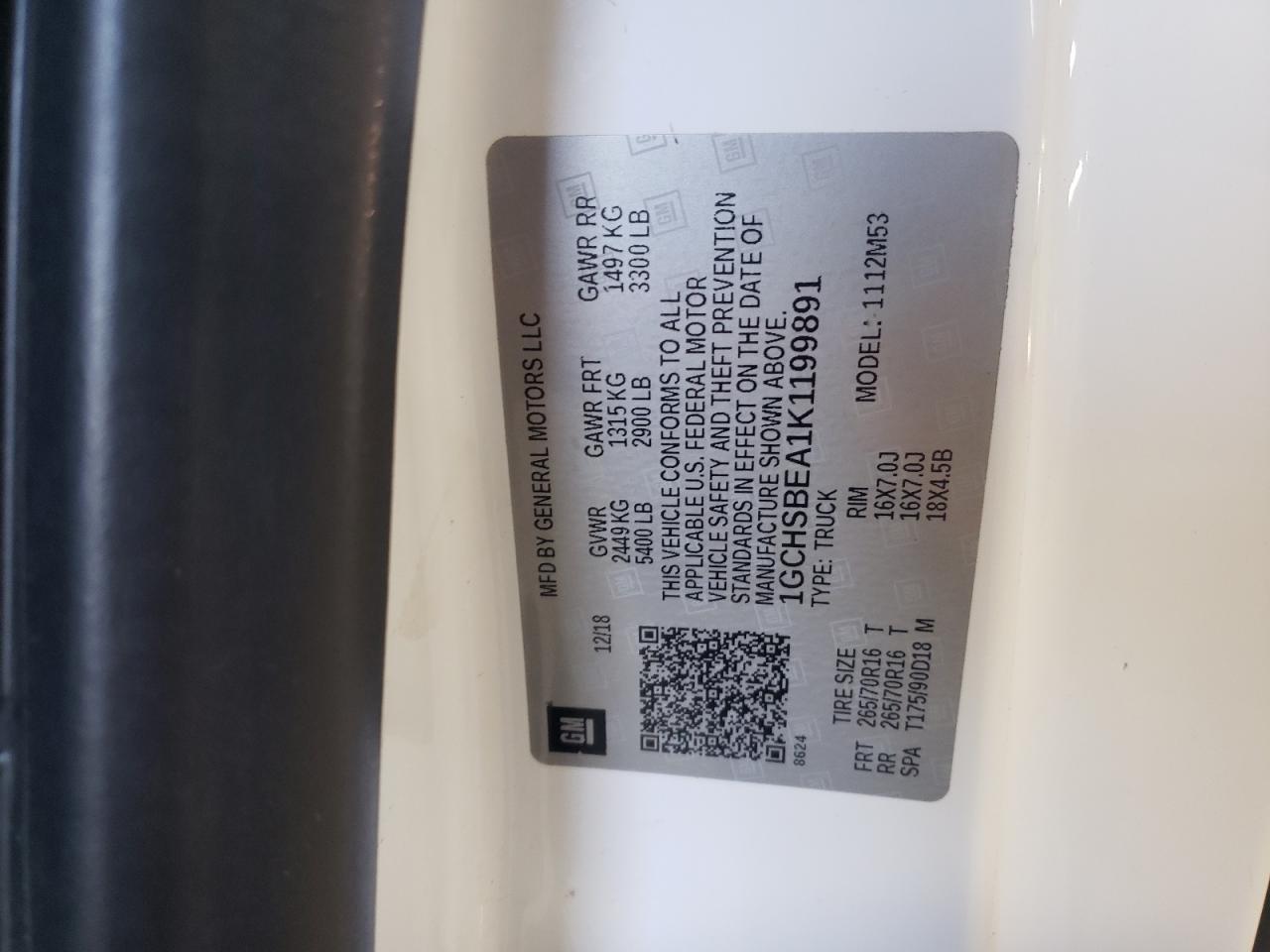 2019 Chevrolet Colorado VIN 1GCHSBEA1K1199891 Copart auction photo, normal wear / minor dent/scratches damage thumbnail 12