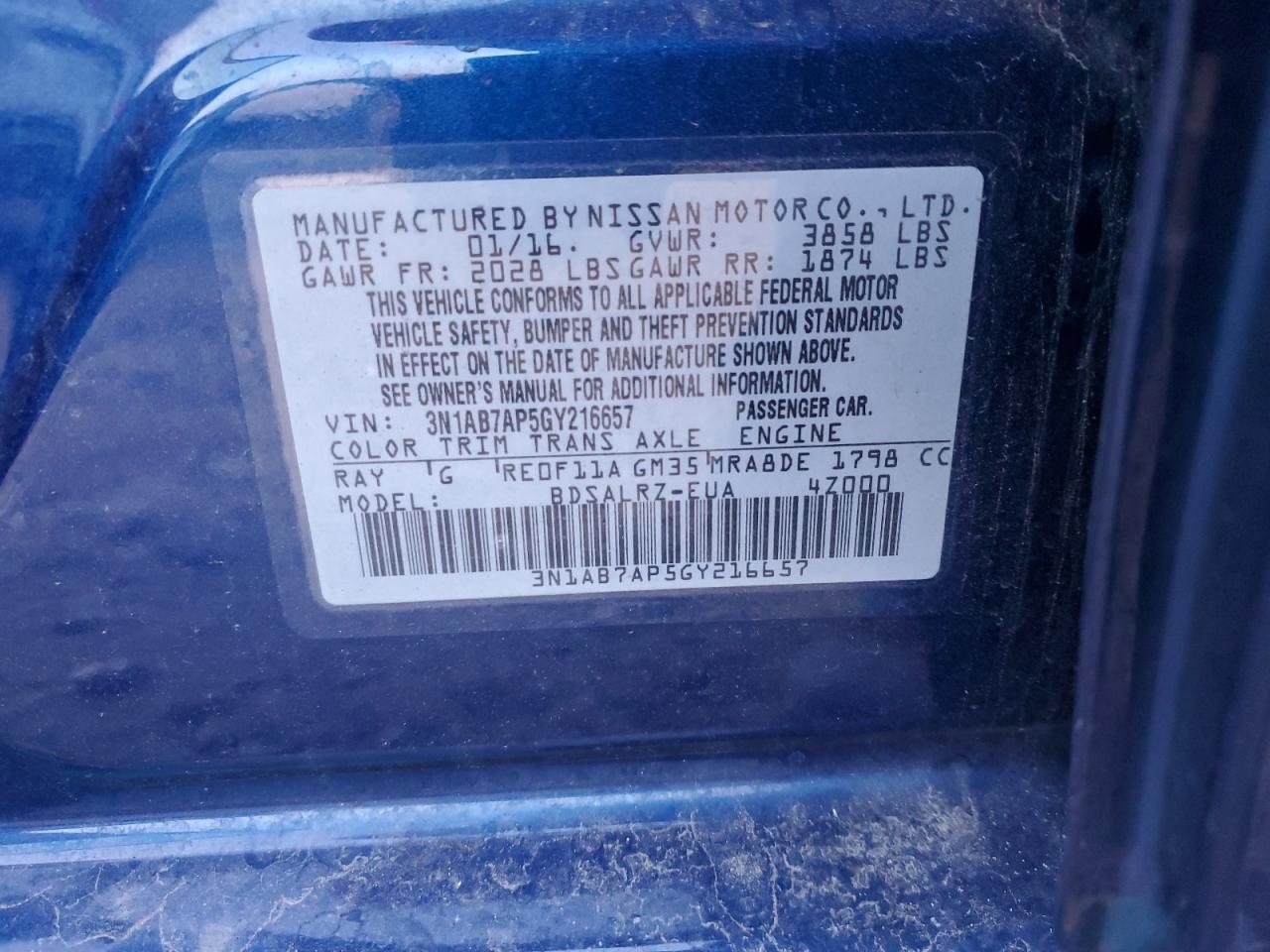 2016 Nissan Sentra VIN 3N1AB7AP5GY216657 Copart auction photo, front end / rear end damage thumbnail 13