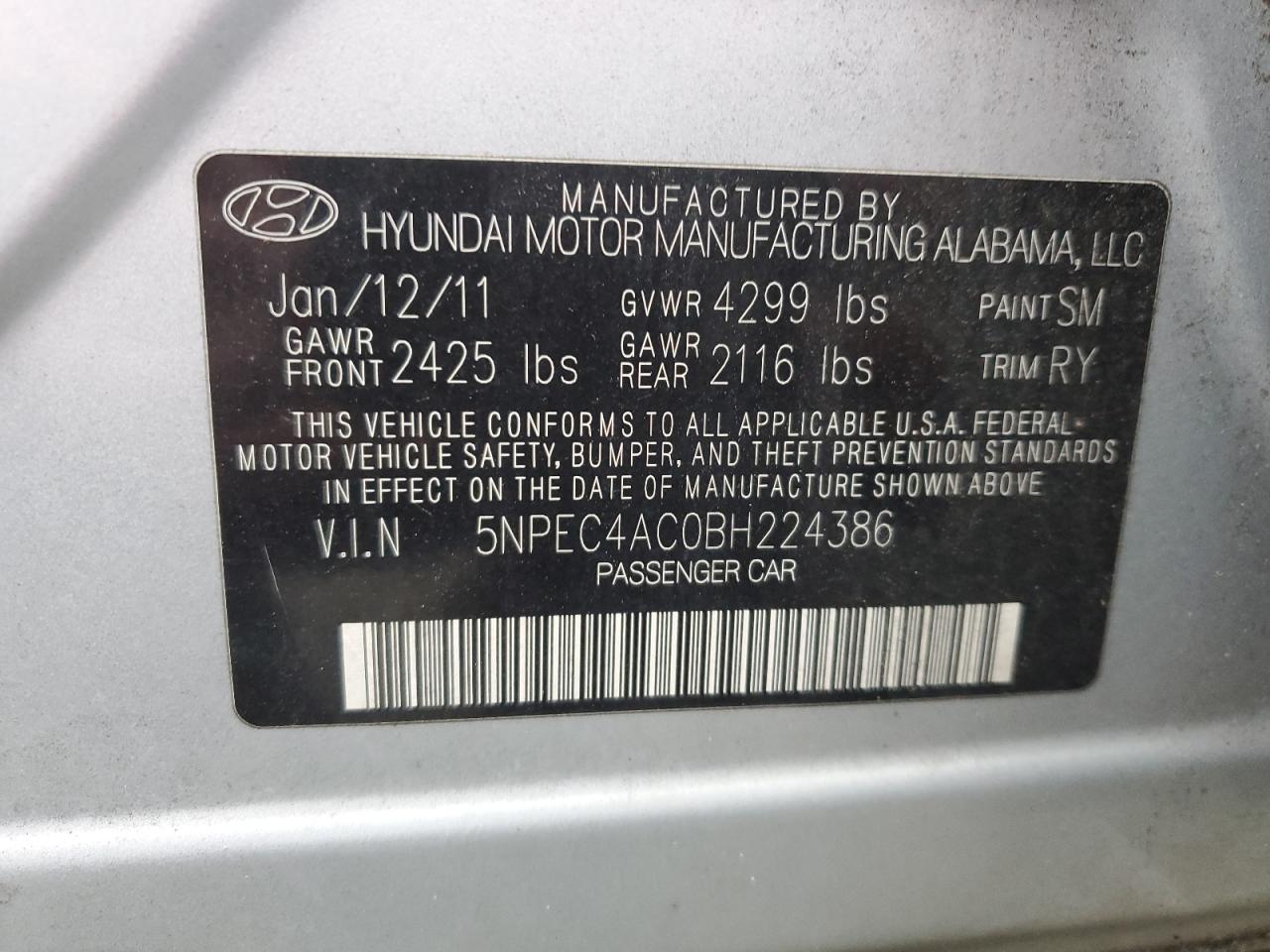 2011 Hyundai Sonata VIN 5NPEC4AC0BH224386 Copart auction photo, all over damage thumbnail 13