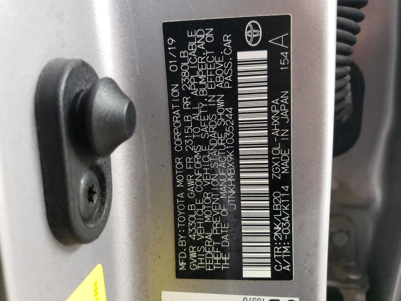 2019 Toyota C-HR VIN JTNKHMBX9K1035244 Copart auction photo, front end damage thumbnail 12