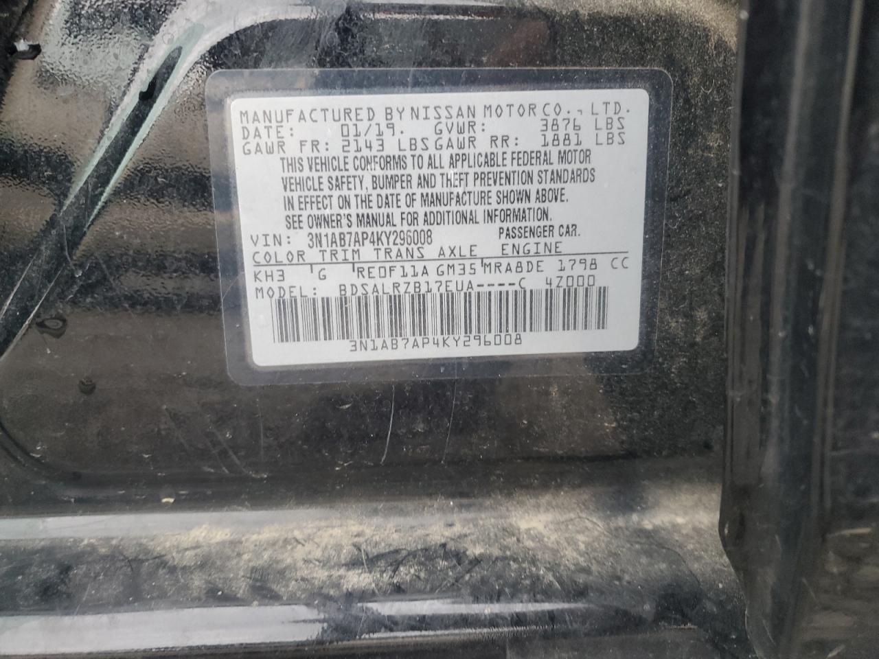 2019 Nissan Sentra VIN 3N1AB7AP4KY296008 Copart auction photo, all over damage thumbnail 12