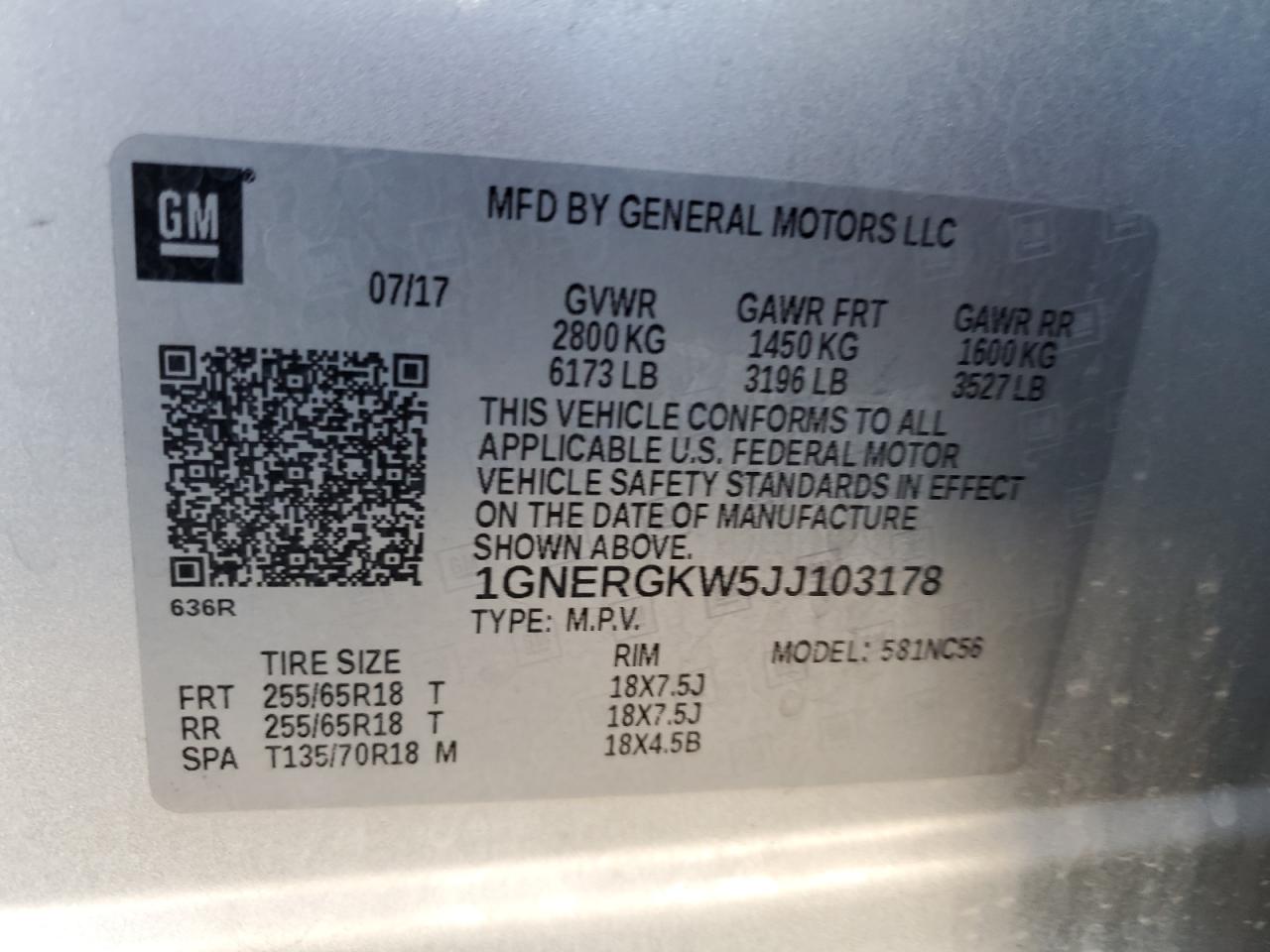 2018 Chevrolet Traverse VIN 1GNERGKW5JJ103178 Copart auction photo, front end / frame damage damage thumbnail 14