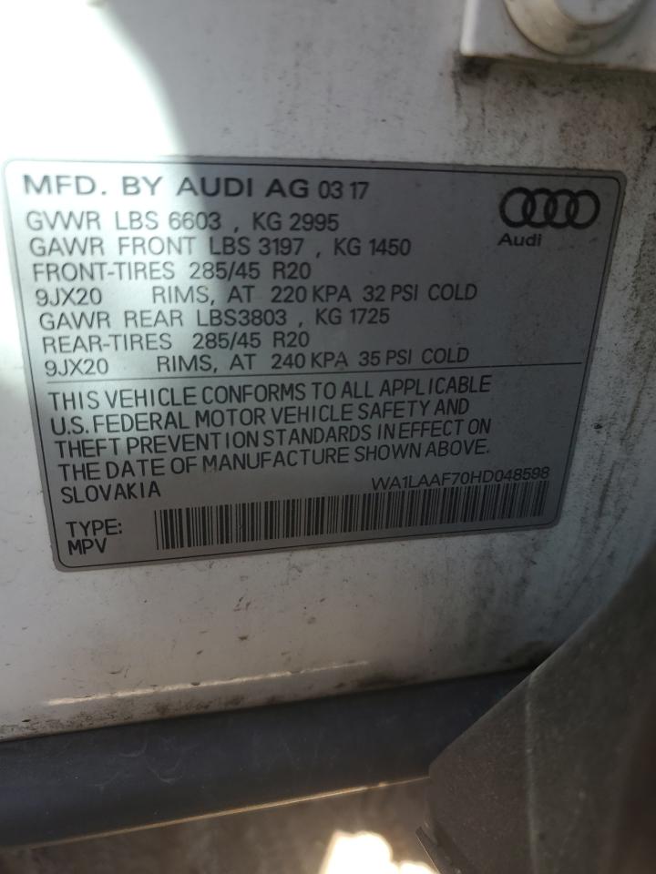 2017 Audi Q7 VIN WA1LAAF70HD048598 Copart auction photo, front end damage thumbnail 14