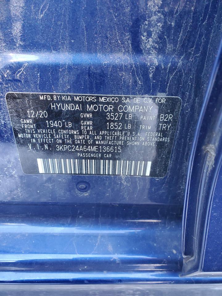2021 Hyundai Accent VIN 3KPC24A64ME136615 Copart auction photo, front end damage thumbnail 12