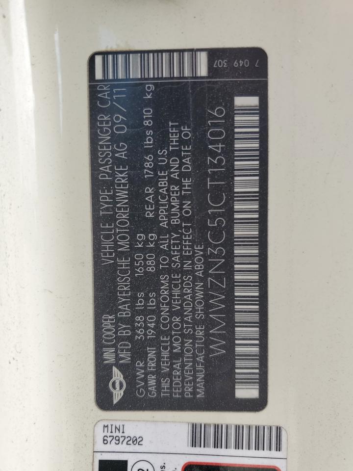 2012 MINI Cooper VIN WMWZN3C51CT134016 Copart auction photo, rear end damage thumbnail 12