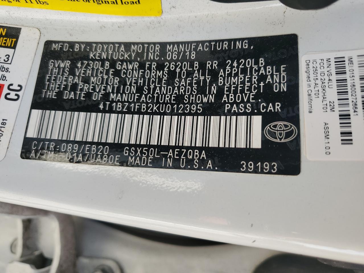 2019 Toyota Avalon VIN 4T1BZ1FB2KU012395 Copart auction photo, rear end damage thumbnail 13