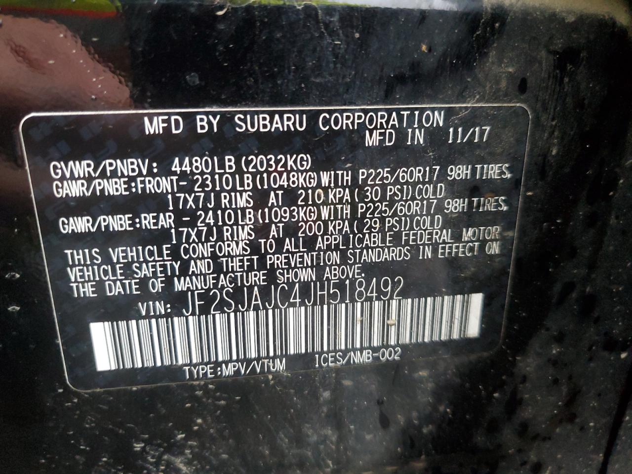 2018 Subaru Forester VIN JF2SJAJC4JH518492 Copart auction photo, rear end damage thumbnail 13
