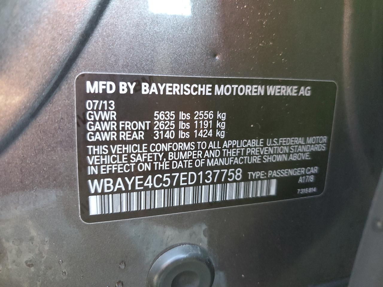 2014 BMW 7er VIN WBAYE4C57ED137758 Copart auction photo, front end damage thumbnail 13