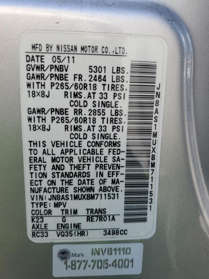 2011 Infiniti FX VIN JN8AS1MUXBM711531 Copart auction photo, vandalism damage thumbnail 12