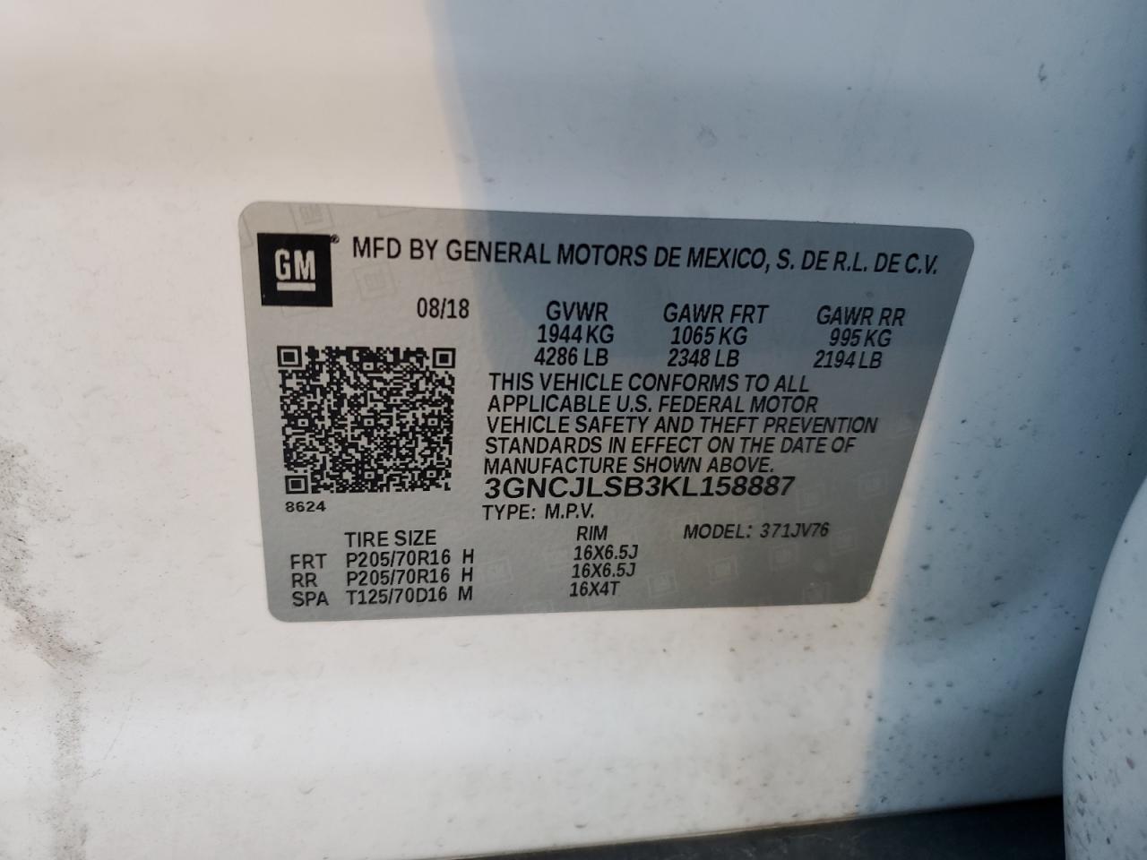 2019 Chevrolet Trax VIN 3GNCJLSB3KL158887 Copart auction photo, front end / side damage thumbnail 13