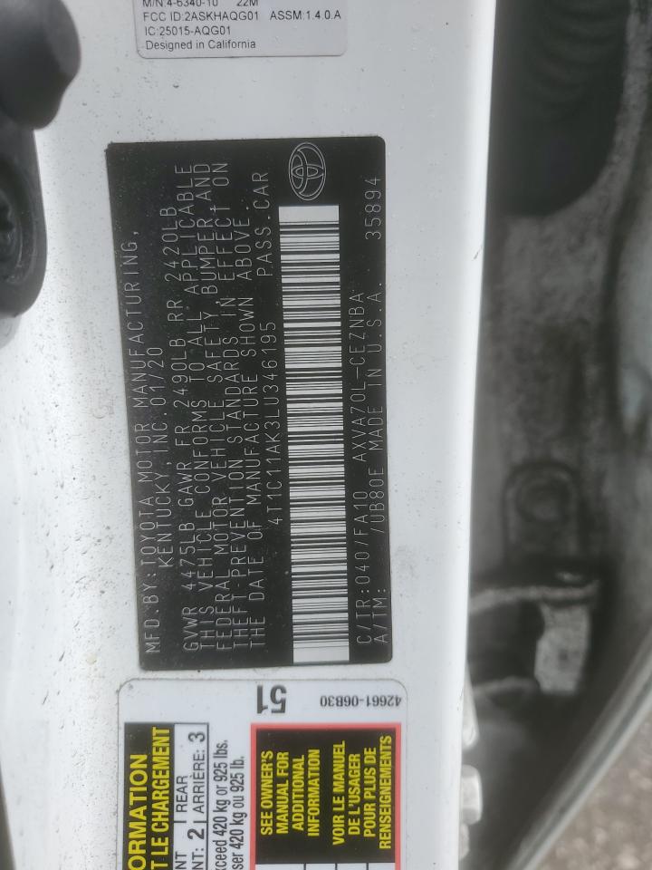 2020 Toyota Camry VIN 4T1C11AK3LU346195 Copart auction photo, front end damage thumbnail 15