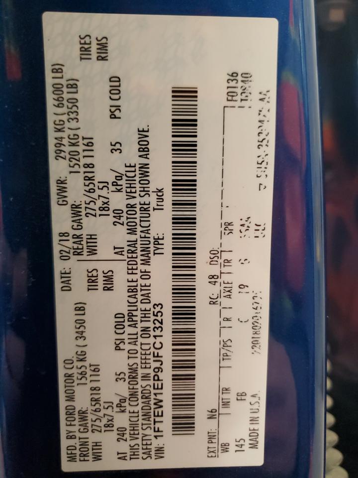 2018 Ford F-150 VIN 1FTEW1EP9JFC13253 Copart auction photo, rear end / front end damage thumbnail 15