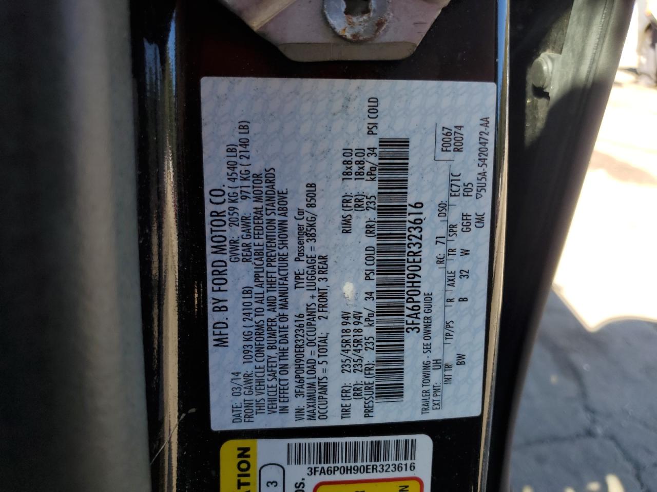 2014 Ford Fusion VIN 3FA6P0H90ER323616 Copart auction photo, front end damage thumbnail 12