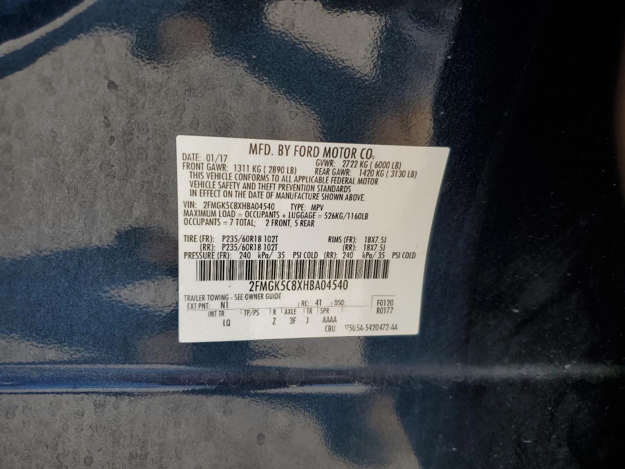 2017 Ford Flex VIN 2FMGK5C8XHBA04540 Copart auction photo, all over damage thumbnail 13