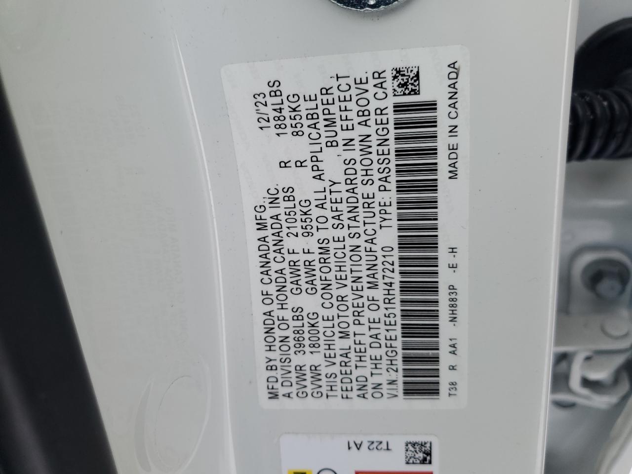 2024 Honda Civic VIN 2HGFE1E51RH472210 Copart auction photo, front end / minor dent/scratches damage thumbnail 14