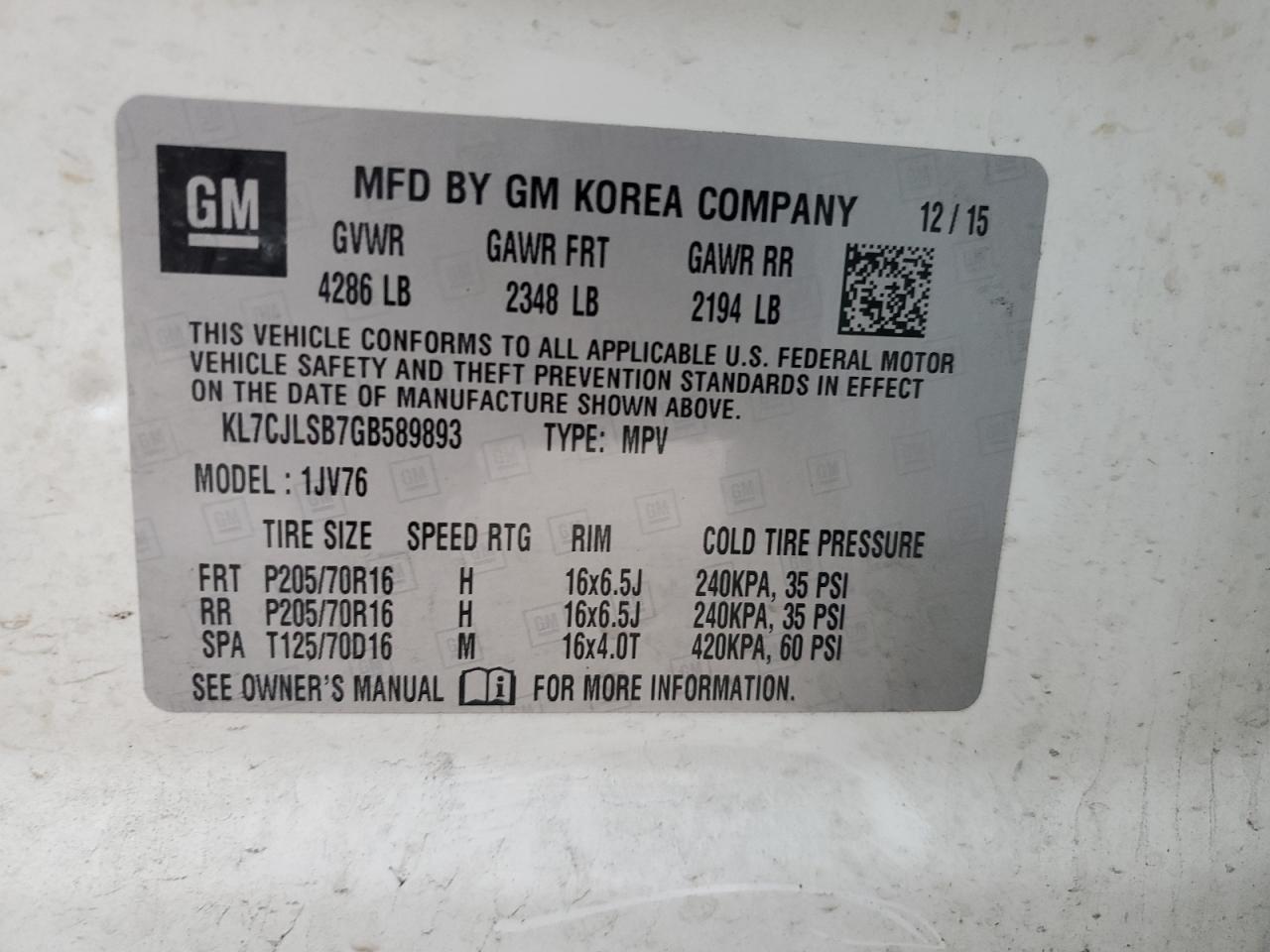 2016 Chevrolet Trax VIN KL7CJLSB7GB589893 Copart auction photo, front end / rear end damage thumbnail 13
