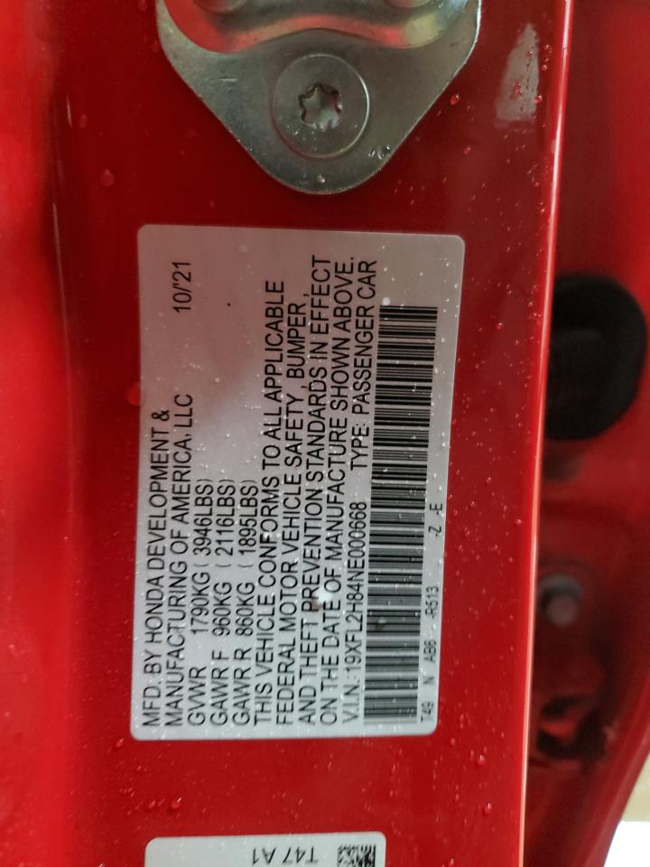2022 Honda Civic VIN 19XFL2H84NE000668 Copart auction photo, front end / side damage thumbnail 13