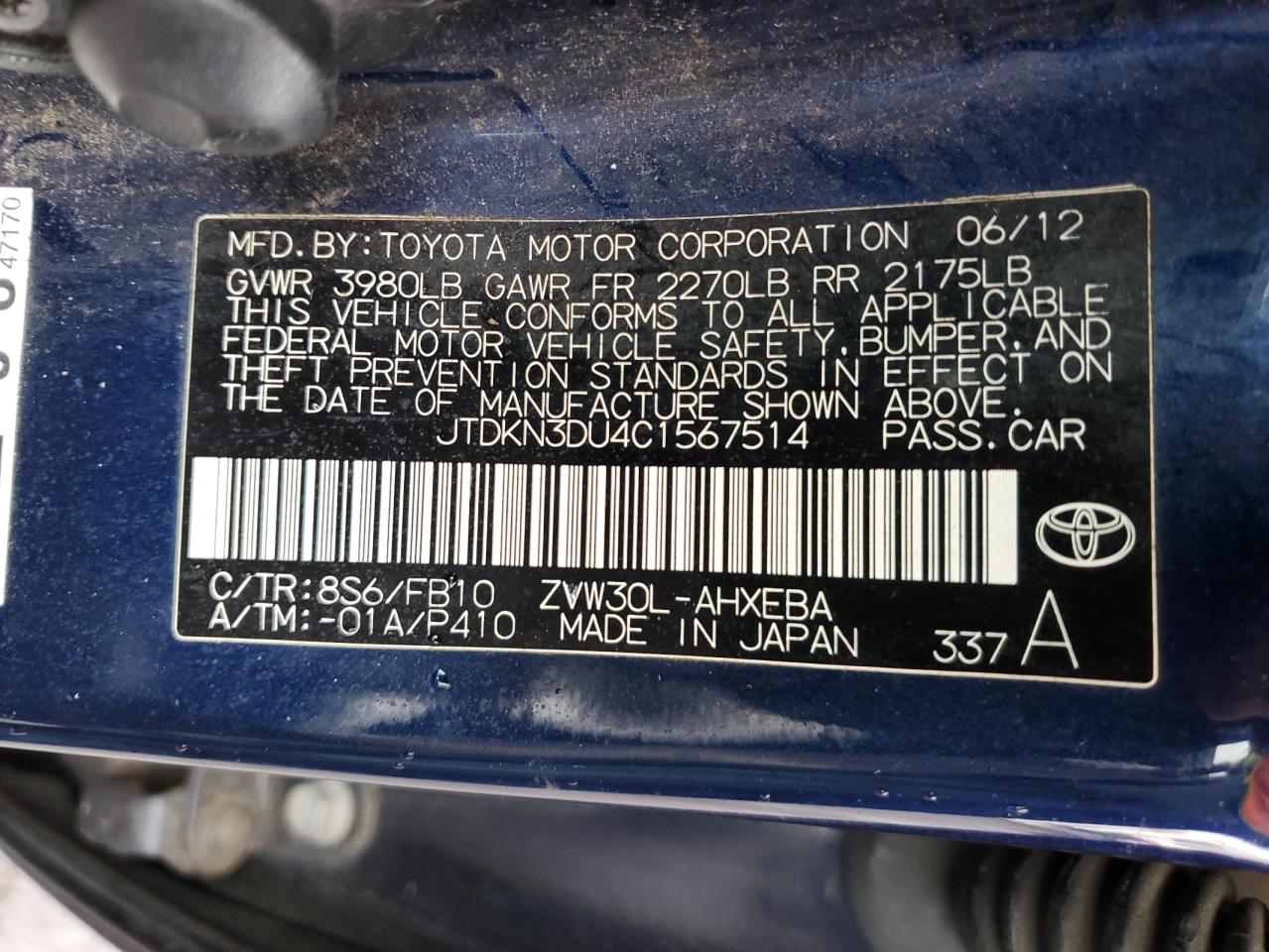 2012 Toyota Prius VIN JTDKN3DU4C1567514 Copart auction photo, front end / rear end damage thumbnail 12