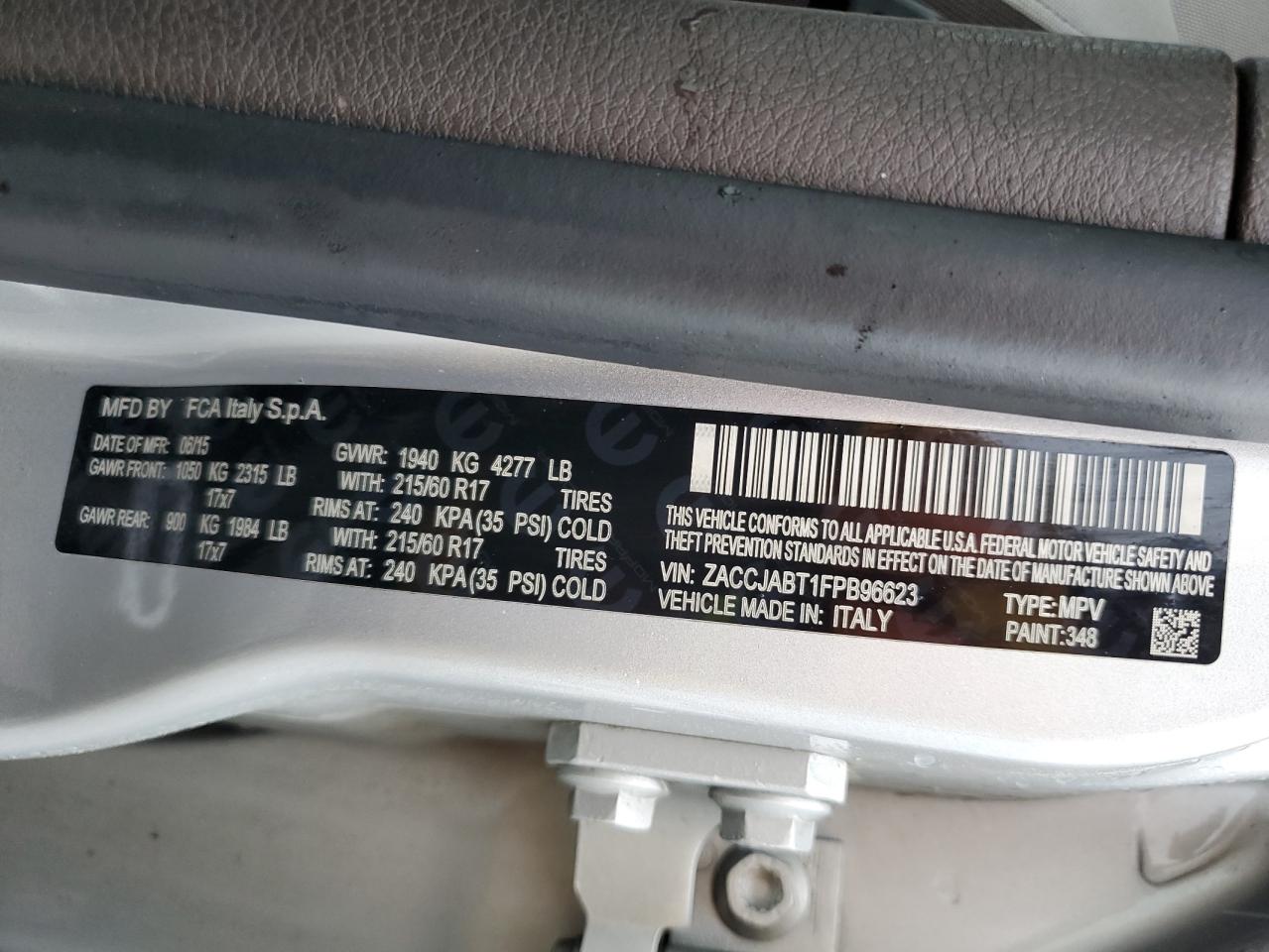 2015 Jeep Renegade VIN ZACCJABT1FPB96623 Copart auction photo, side damage thumbnail 14