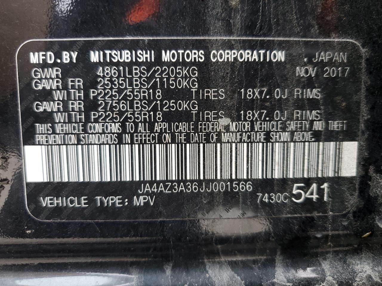 2018 Mitsubishi Outlander VIN JA4AZ3A36JJ001566 Copart auction photo, front end / minor dent/scratches damage thumbnail 13