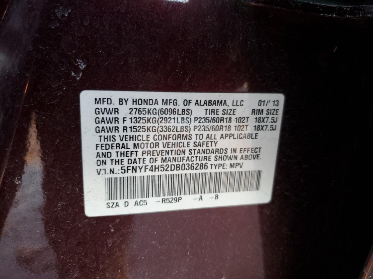 2013 Honda Pilot VIN 5FNYF4H52DB036286 Copart auction photo, side / front end damage thumbnail 15