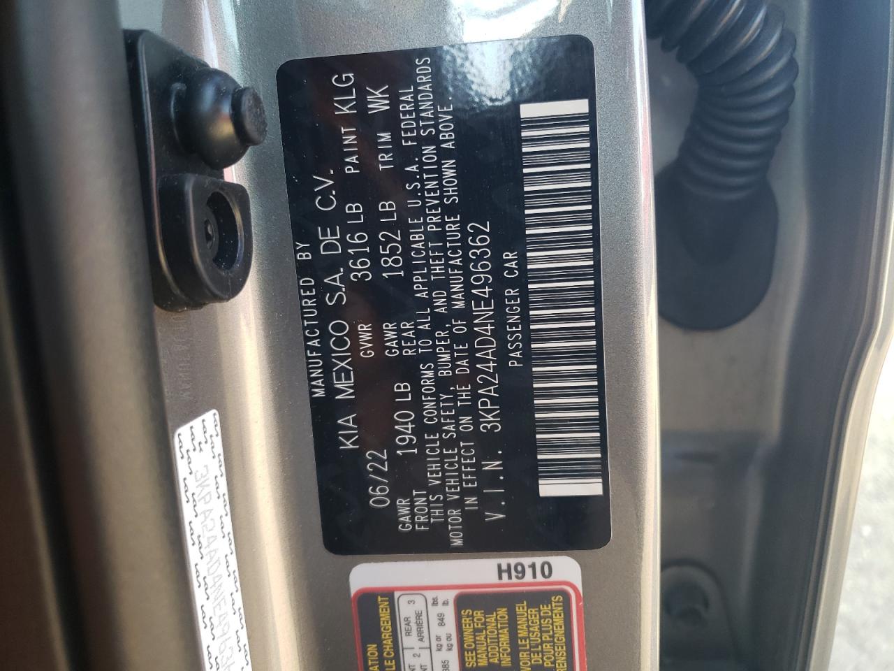 2022 KIA Rio VIN 3KPA24AD4NE496362 Copart auction photo, side / rear end damage thumbnail 14