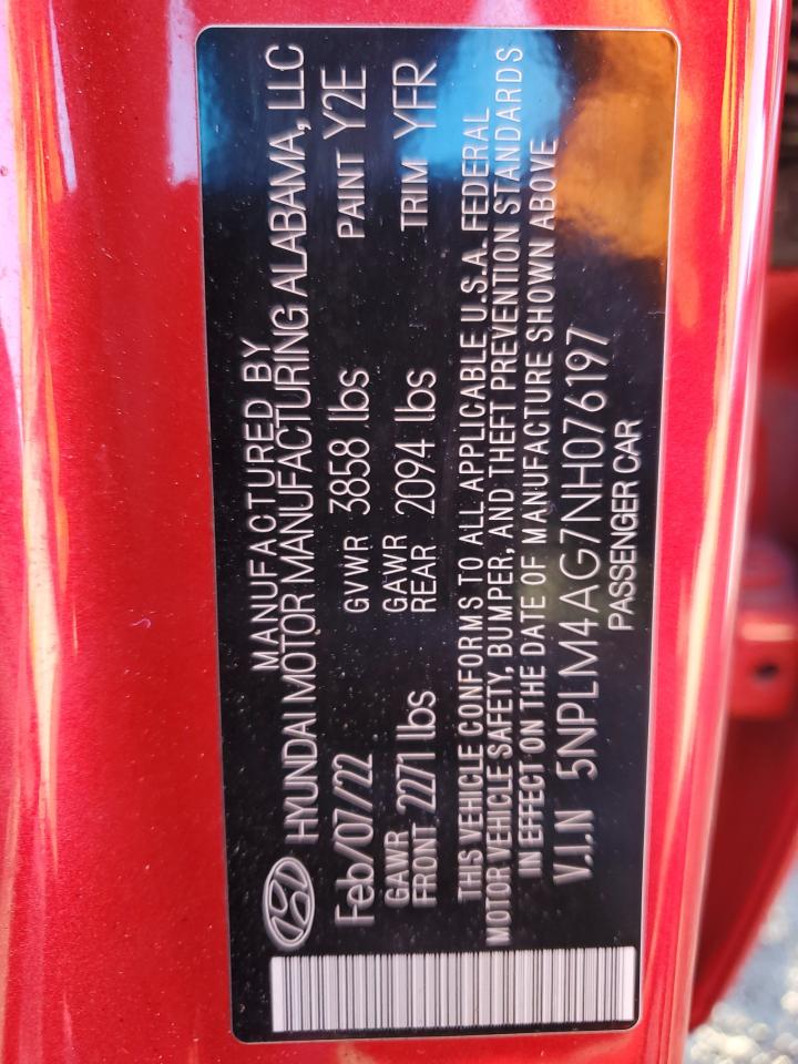 2022 Hyundai Elantra VIN 5NPLM4AG7NH076197 Copart auction photo, front end / side damage thumbnail 12