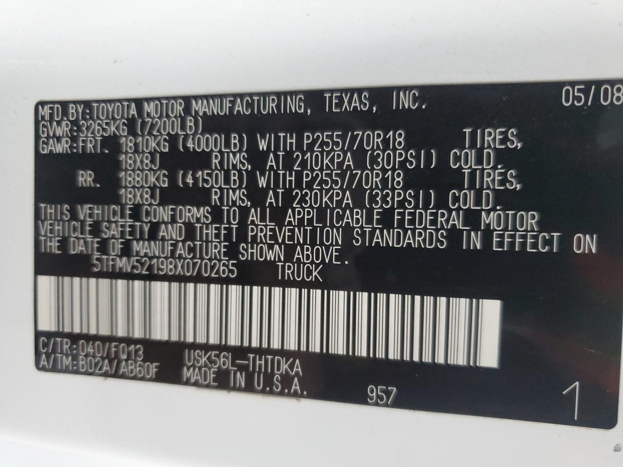 2008 Toyota Tundra VIN 5TFMV52198X070265 Copart auction photo, front end damage thumbnail 14