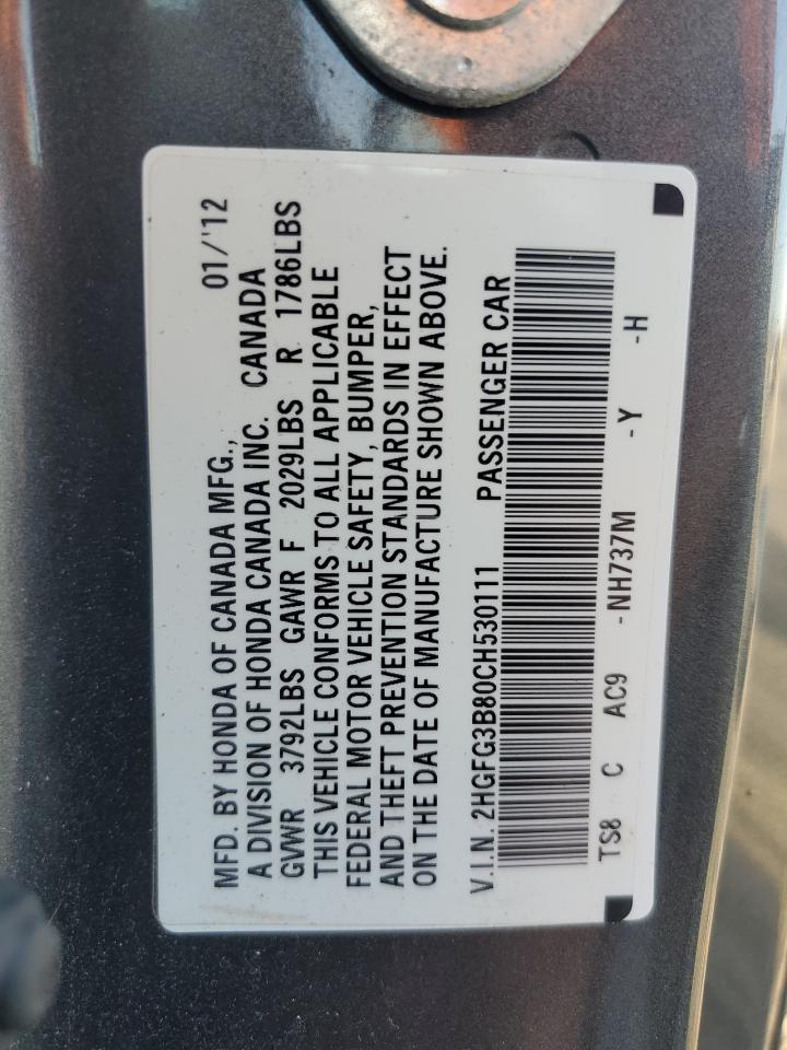 2012 Honda Civic VIN 2HGFG3B80CH530111 Copart auction photo, rear end / side damage thumbnail 13