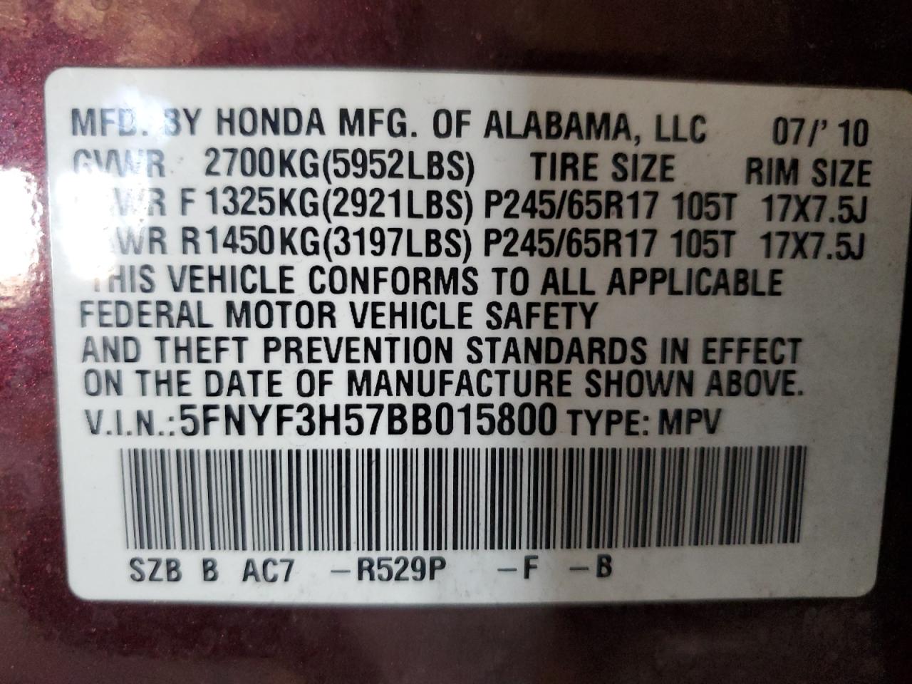 2011 Honda Pilot VIN 5FNYF3H57BB015800 Copart auction photo, front end / side damage thumbnail 13