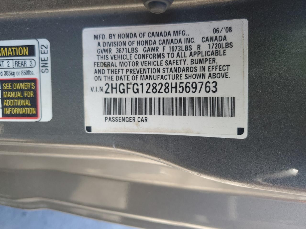 2008 Honda Civic VIN 2HGFG12828H569763 Copart auction photo, all over / rollover damage thumbnail 12