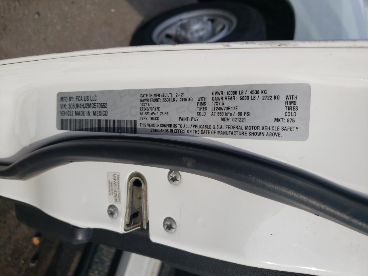 2021 RAM 2500 VIN 3C6UR4HJ2MG570652 Copart auction photo, front end damage thumbnail 12
