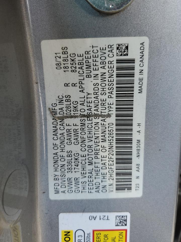 2022 Honda Civic VIN 2HGFE2F20NH526570 Copart auction photo, front end / minor dent/scratches damage thumbnail 14