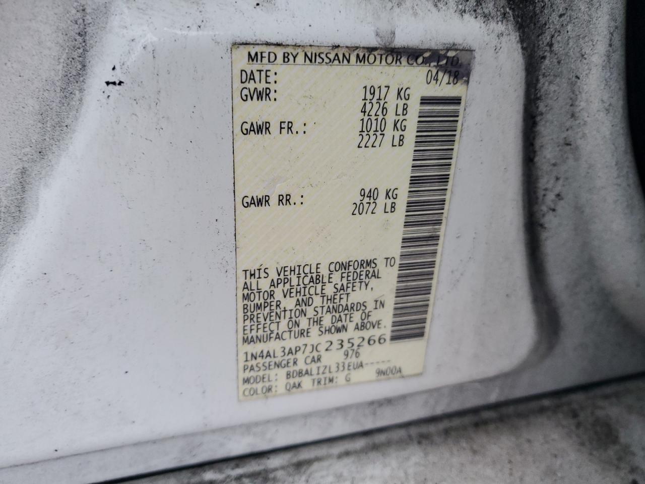 2018 Nissan Altima VIN 1N4AL3AP7JC235266 Copart auction photo, side / rear end damage thumbnail 12
