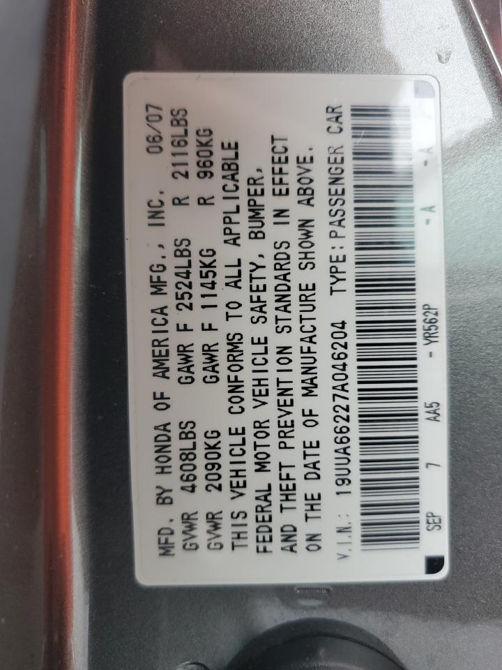 2007 Acura TL VIN 19UUA66227A046204 Copart auction photo, side damage thumbnail 12