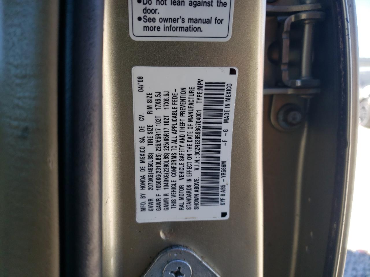 2008 Honda CR-V VIN 3CZRE38598G704001 Copart auction photo, rear end damage thumbnail 13
