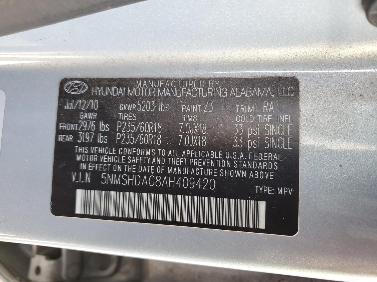 2010 Hyundai Santa Fe VIN 5NMSHDAG8AH409420 Copart auction photo, side / rear end damage thumbnail 13