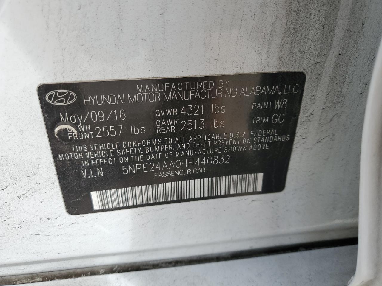 2017 Hyundai Sonata VIN 5NPE24AA0HH440832 Copart auction photo, front end / minor dent/scratches damage thumbnail 14