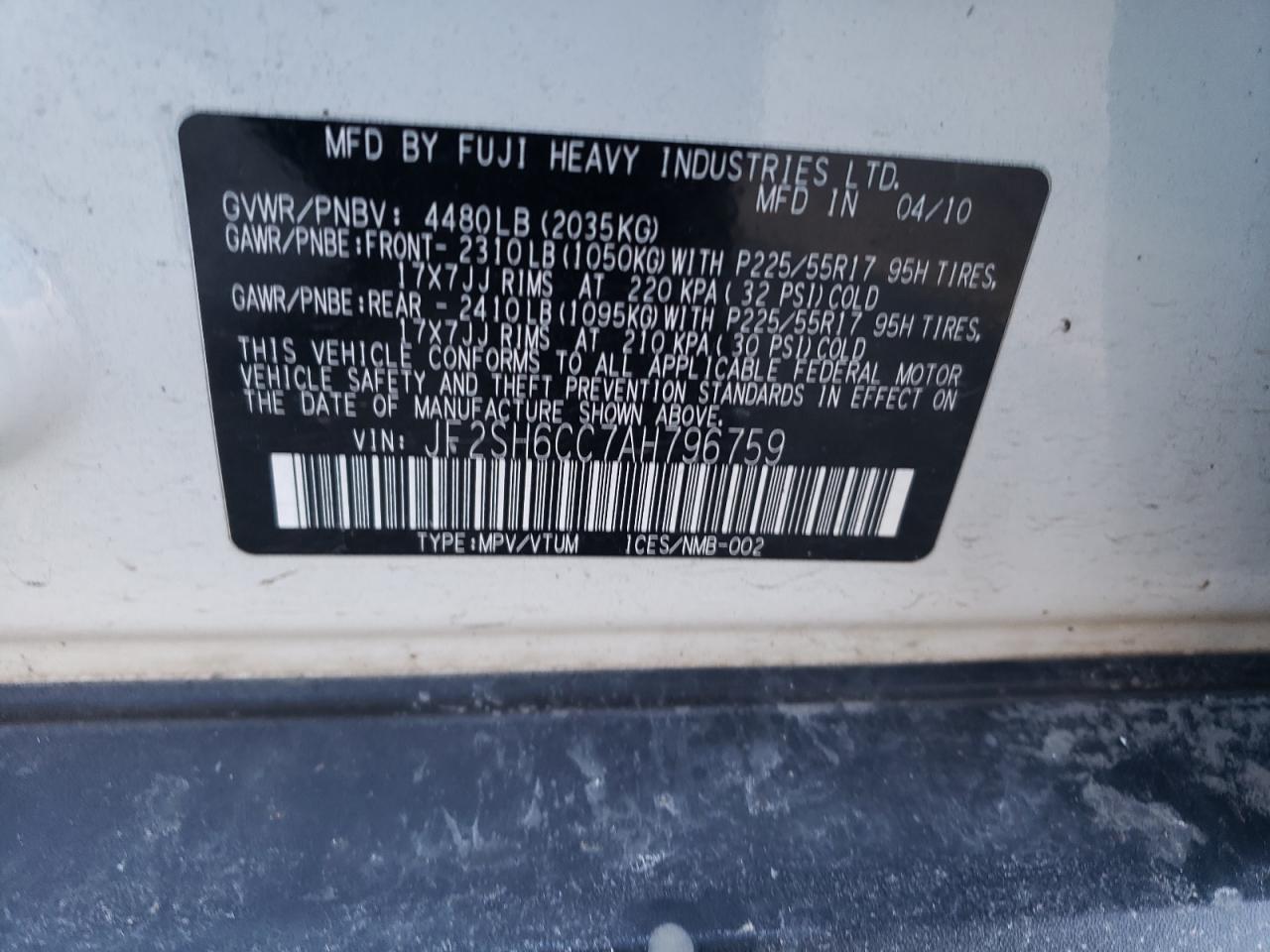 2010 Subaru Forester VIN JF2SH6CC7AH796759 Copart auction photo, rear end damage thumbnail 14