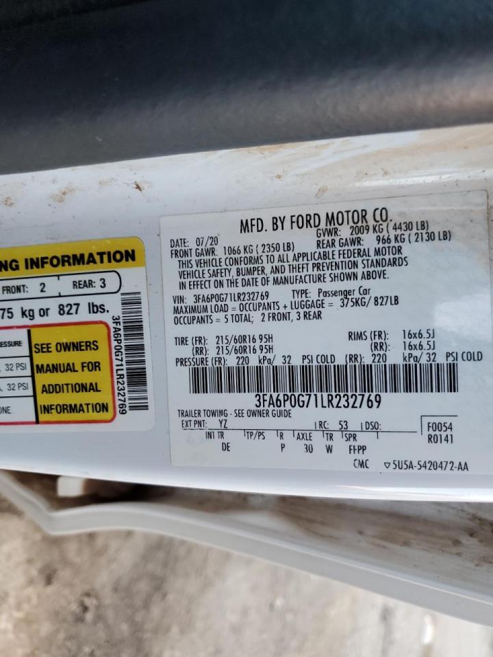 2020 Ford Fusion VIN 3FA6P0G71LR232769 Copart auction photo, front end damage thumbnail 12