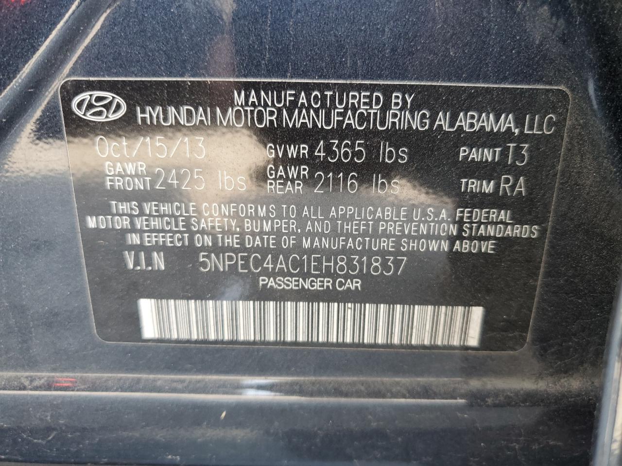 2014 Hyundai Sonata VIN 5NPEC4AC1EH831837 Copart auction photo, front end / side damage thumbnail 14