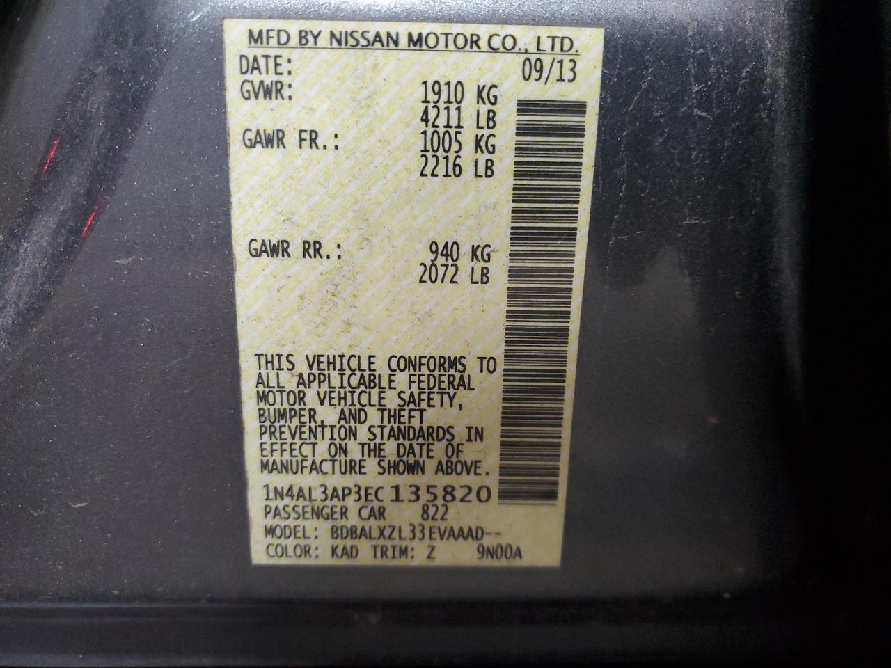 2014 Nissan Altima VIN 1N4AL3AP3EC135820 Copart auction photo, rear end damage thumbnail 12