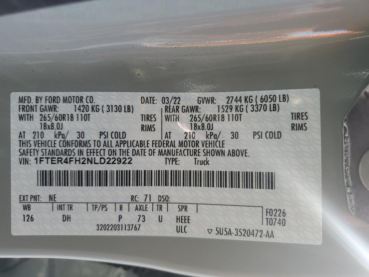 2022 Ford Ranger VIN 1FTER4FH2NLD22922 Copart auction photo, water/flood / undercarriage damage thumbnail 13