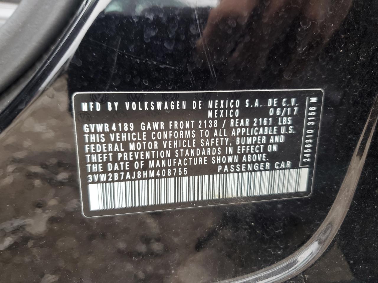 2017 Volkswagen Jetta VIN 3VW2B7AJ8HM408755 Copart auction photo, side / minor dent/scratches damage thumbnail 12