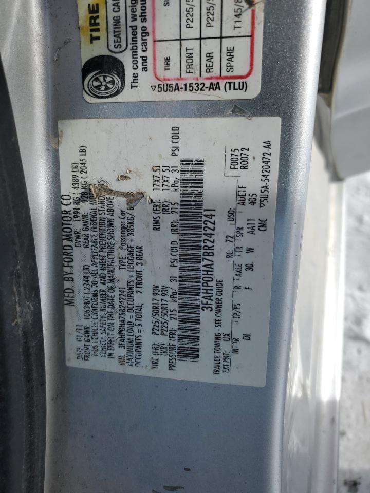 2011 Ford Fusion VIN 3FAHP0HA7BR242241 Copart auction photo, front end / side damage thumbnail 12