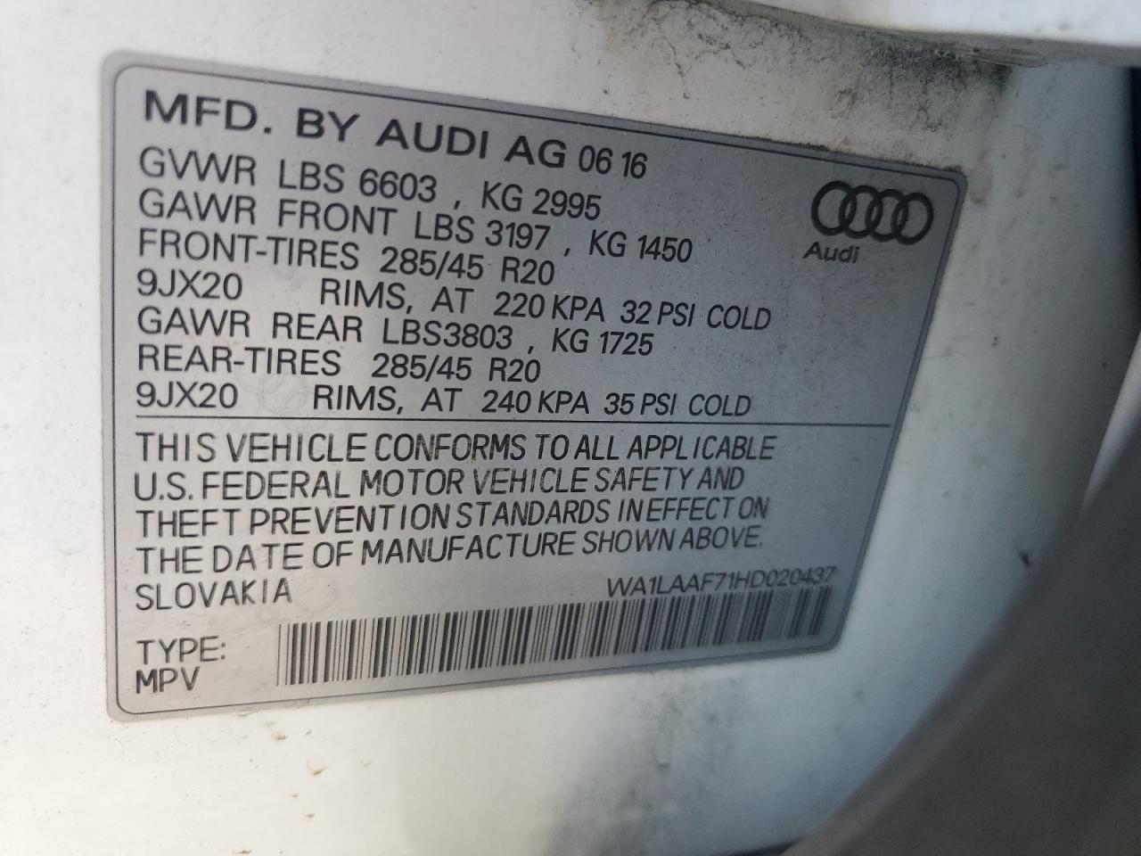 2017 Audi Q7 VIN WA1LAAF71HD020437 Copart auction photo, front end damage thumbnail 14